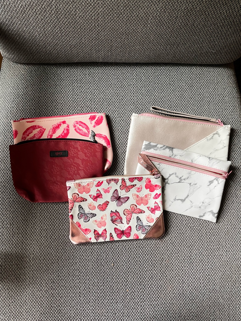Set of 5 Ipsy Zip Bags. Butterflies, Kisses, Marble and Lace.
